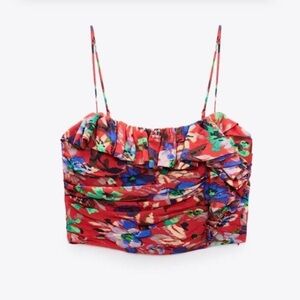 NWT Zara Women's Black Abstract Floral Rear Zip Gathered Tube Top Size Xs